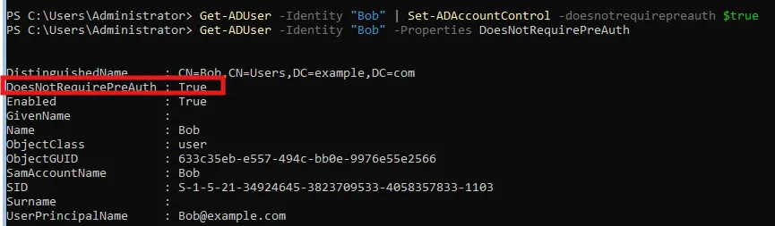 PowerShell-Ausgabe mit DoesNotRequirePreAuth auf True (Abbild 1)