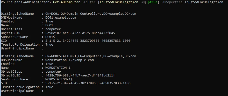 PowerShell-Ausgabe der Computer mit aktivierter uneingeschränkter Delegation