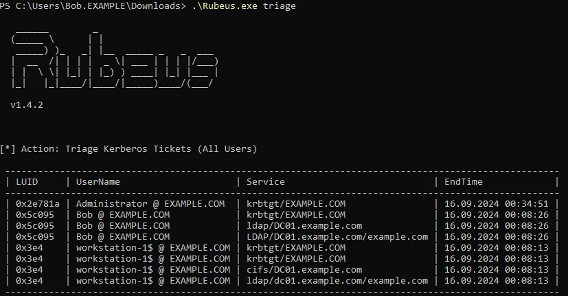 Rubeus triage zeigt alle Kerberos-Tickets auf dem System