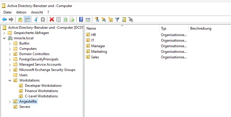 Active Directory Users and Computers mit OUs der Domäne miracle.local