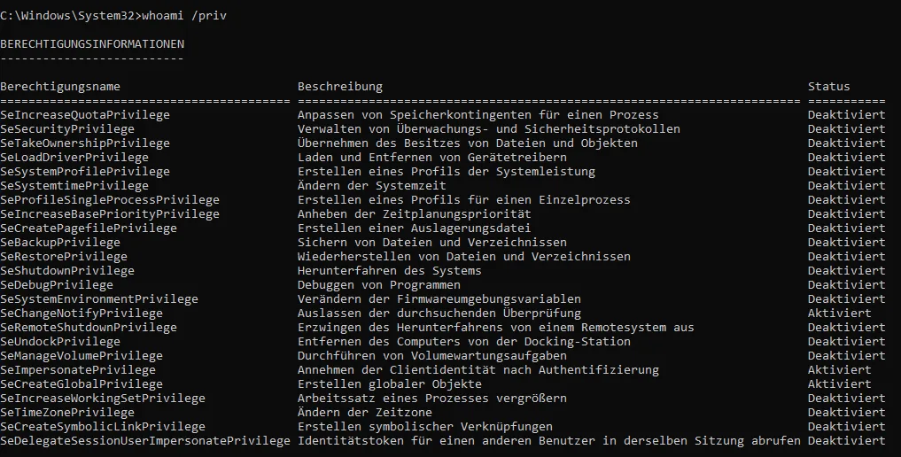 whoami /priv mit erweiterten Benutzerrechten