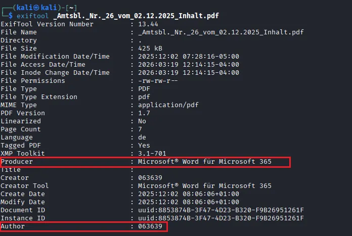 Metadaten-Analyse mit exiftool